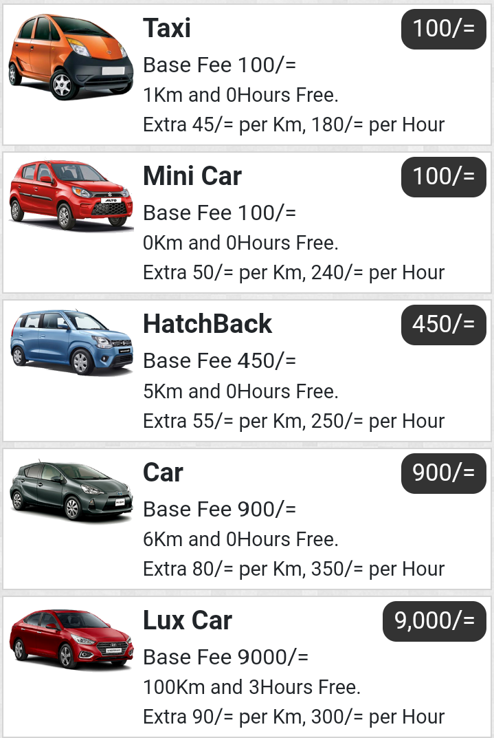 Most common vehicle types for Taxi booking in srilanka.